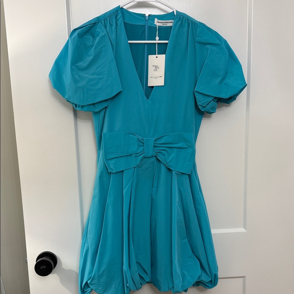 Amanda Uprichard Turquoise Dress with Puff Sleeves